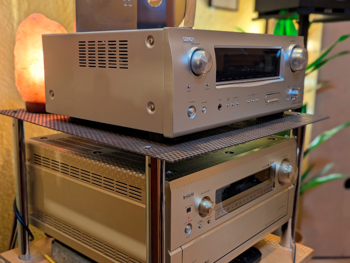 Inside the Cybele Studio – two hefty Denon units of the entirely analogue playback chain, stacked in front of a salt crystal lamp