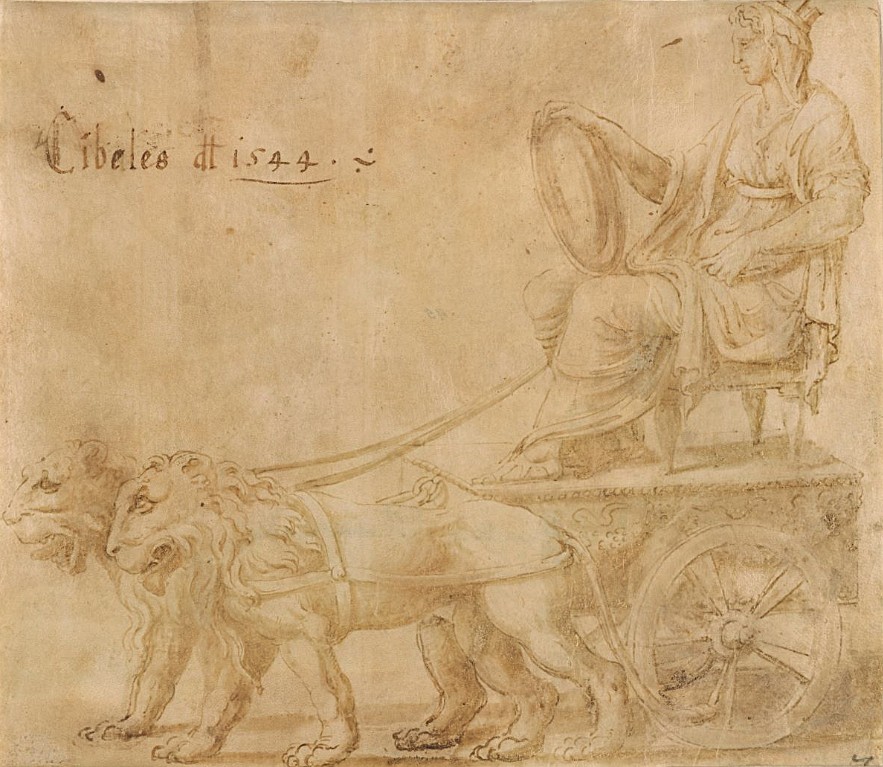 Sepia drawing of the goddess Cybele with tympanon on a chariot drawn by two lions, Giulio Romano, 1544