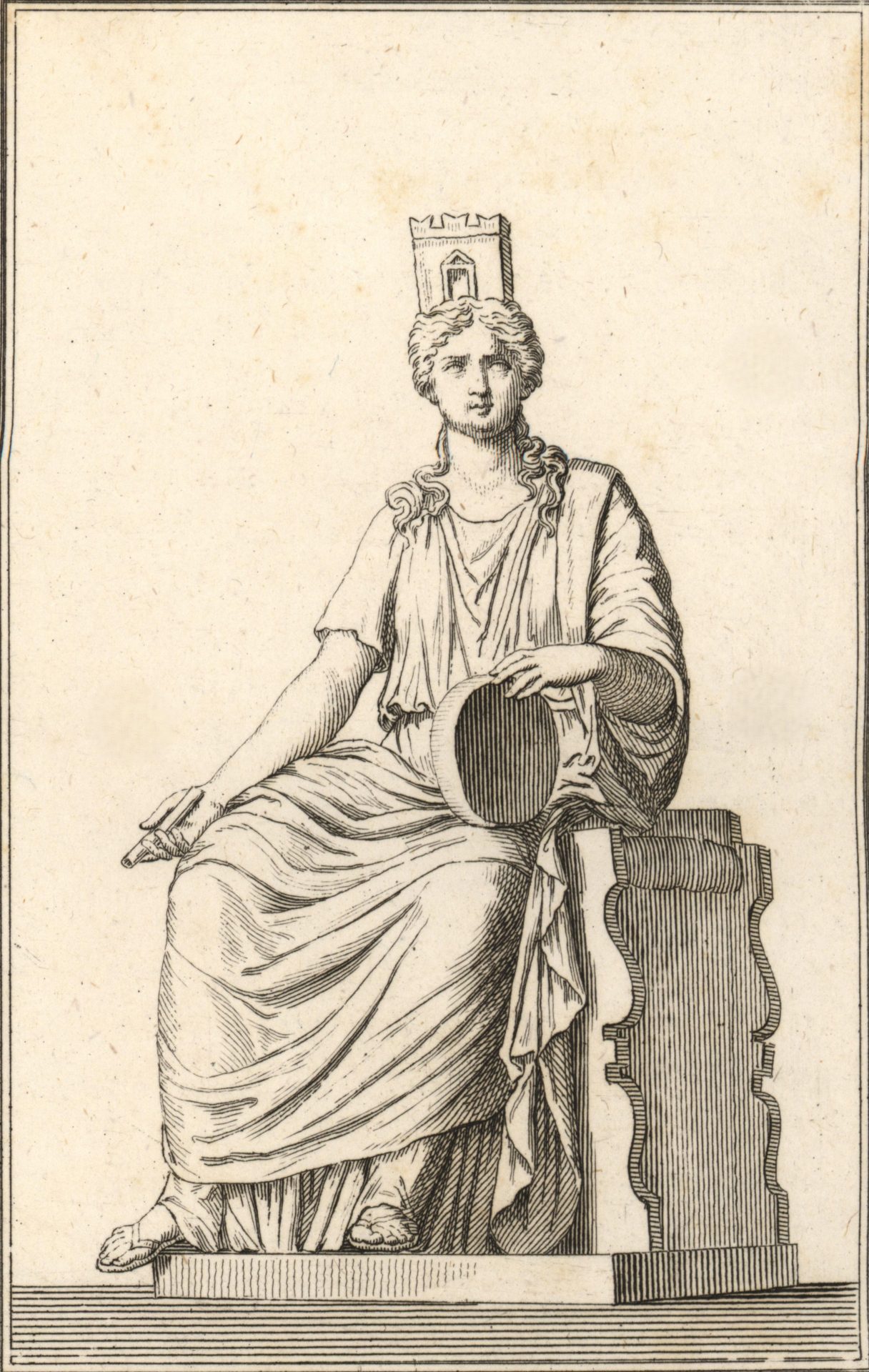 Copperplate engraving of the enthroned goddess Cybele with mural crown, tympanon and sceptre, Giacomo Bossi, 1820