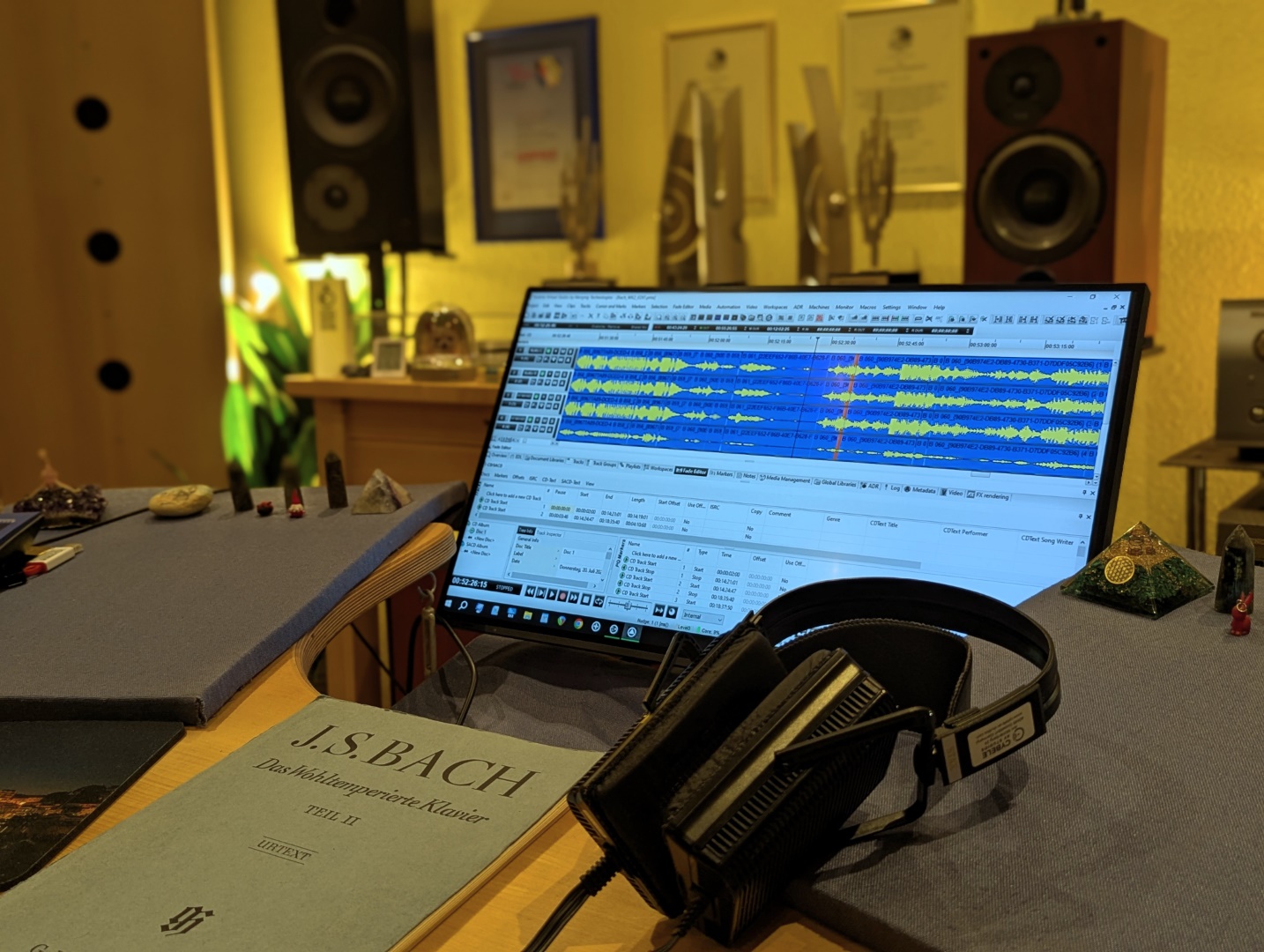 Vue du studio Cybele – poste de montage Merging Pyramix pour la post-production DSD, avec éditeur de formes d’onde, casque STAX SR-L500 et le Clavier bien tempéré de J. S. Bach ; diverses distinctions en arrière-plan
